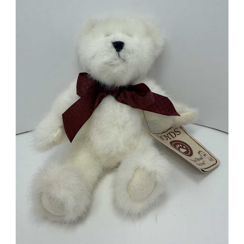 Boyd's Bear Vintage Head Bean Collection White Plush Bear w/Marron Ribbon Bow